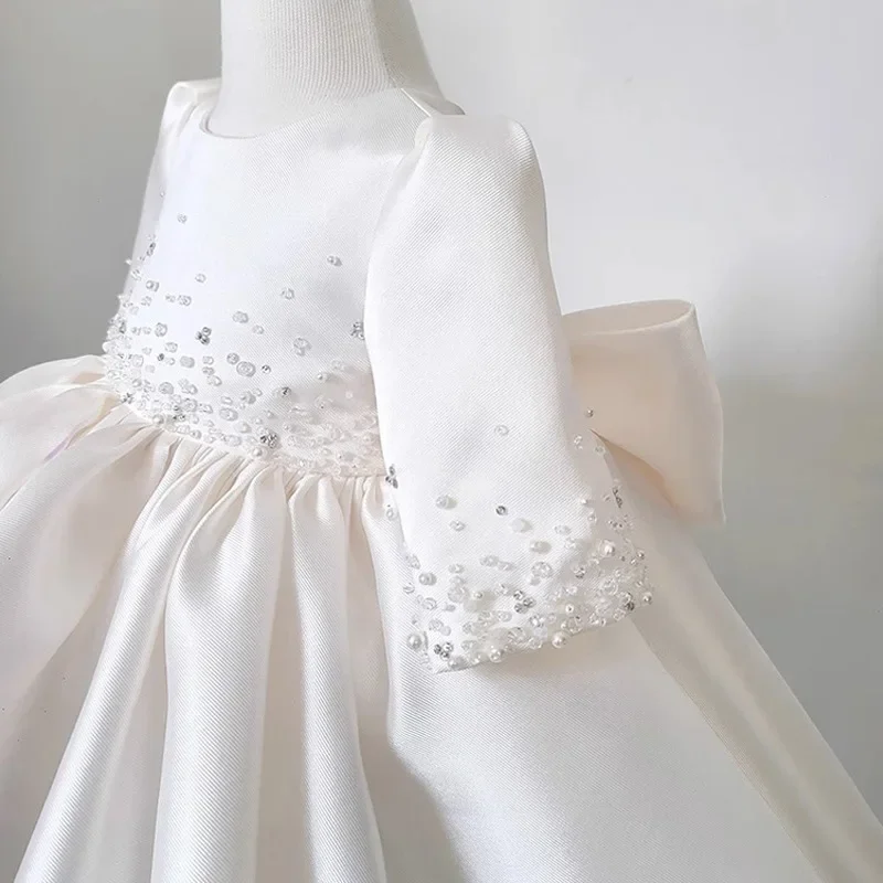 Toddler Girl Party Dress Tulle Princess 1st Birthday Baby Christening Dress Beads White Gala Wedding Kid Children Gowns For Girl