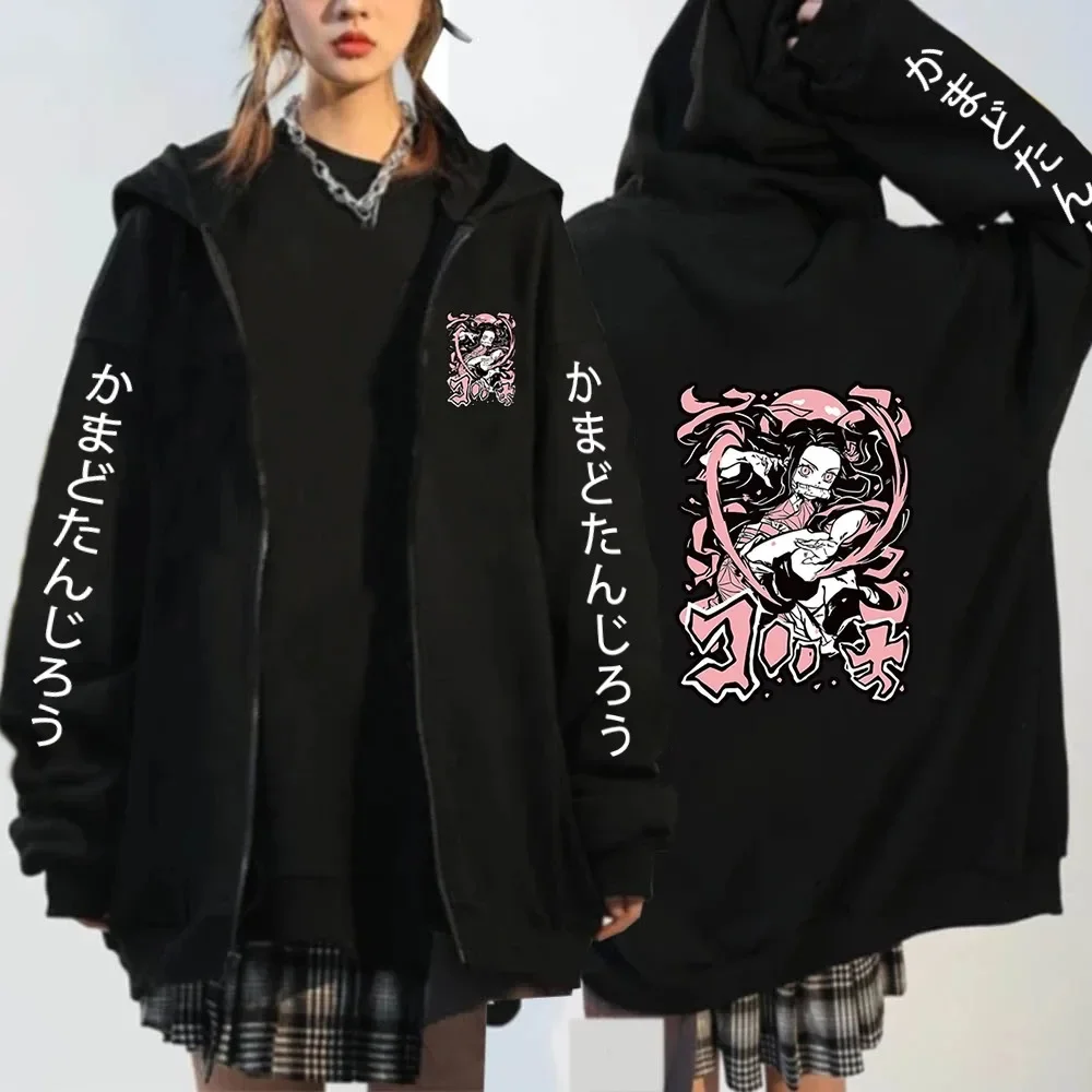 Anime kochou shinobu zíper hoodie mangá inverno outono jaqueta casual moletom harajuku demon slayer kimetsu não yaiba casacos