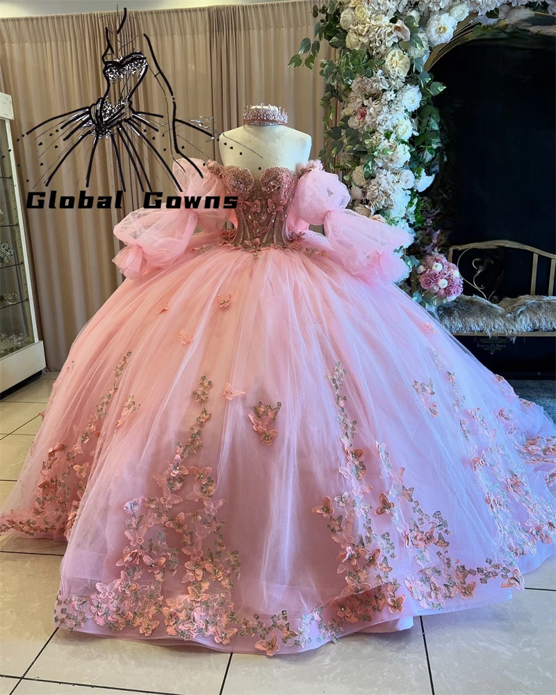 

Pink Butterfly Bow Quinceanera Dresses 3D Flower Ball Gown Bead Appliques Birthday Party Dress Formal Gown With Sleeve