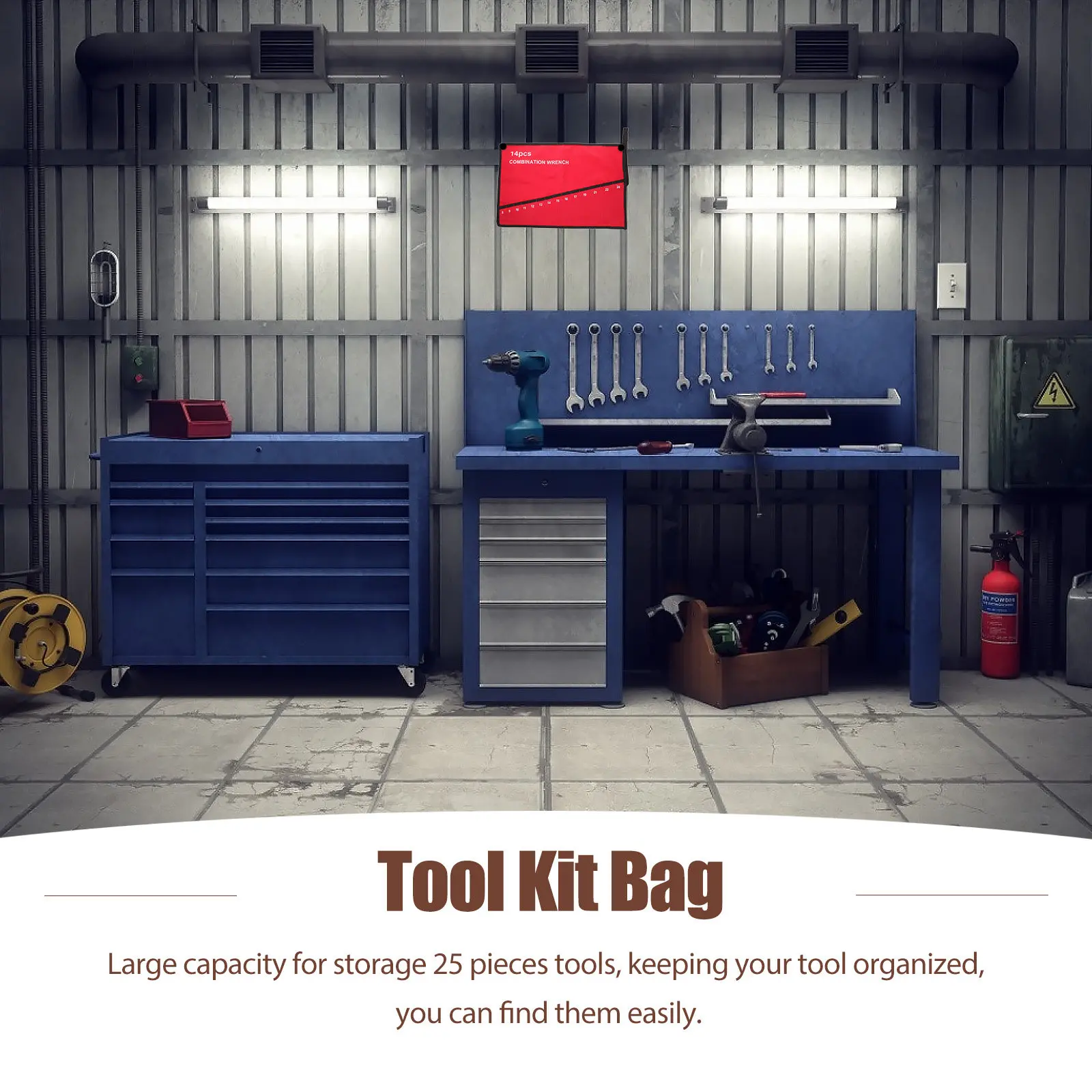 14-Slot Heavy Duty Polyester Canvas Tool Roll Bag Electrician Storage Holder Wrench Organizer Pocket Size 2.25x6.5 Inch Hook