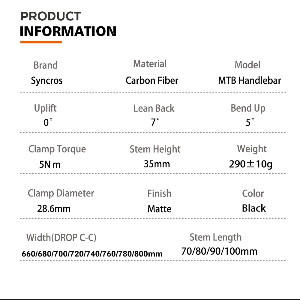 Syncros New Mountain Bike Integrated Carbon Fiber Handle 28.6mm and -17 Degree/70~100mm/660~800mm Mtb Handlebar Bike Acessories