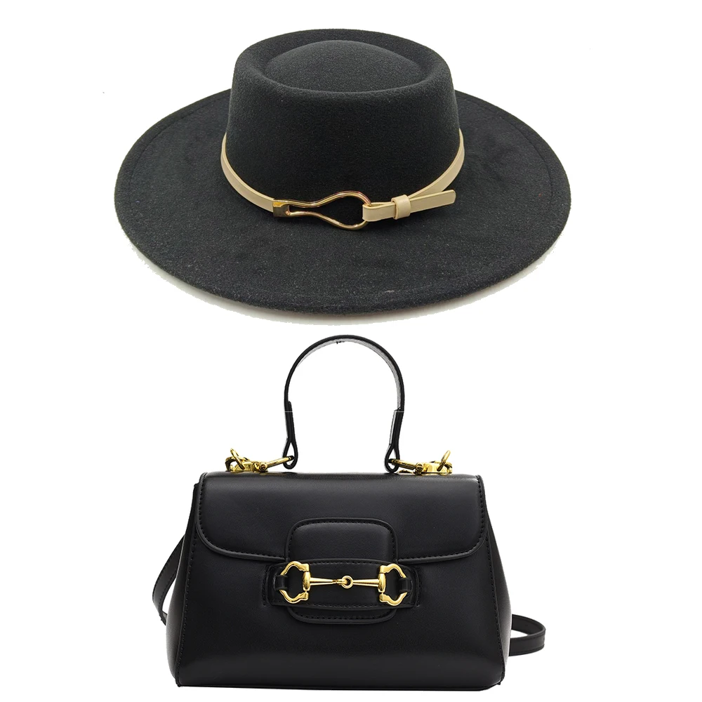 Women\'s metal leather buckle accessories with concave and convex top fur felt hat fashion matching fedora hat and bag set retro