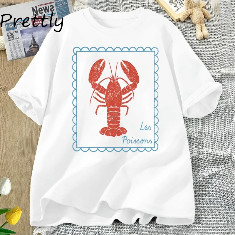 Lobster T-Shirt French Coastal Tee Shirt Men Women Summer Cotton Short Sleeve T Shirt Oversized Round Neck Tshirt Oversized