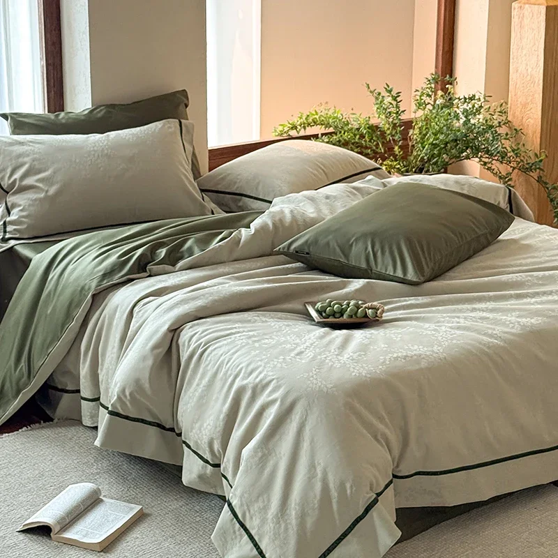100% Cotton Satin Duvet Cover Set High-end Solid Jacquard Bedding Set Luxury Skin-friendly Silky Long-staple Cottons Quilt Cove