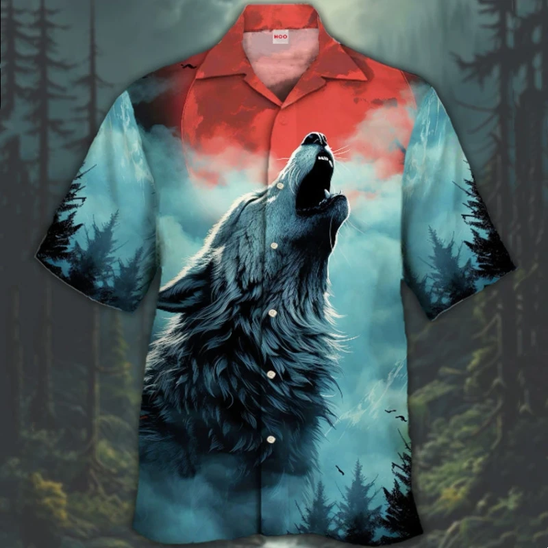 Camisa de manga corta con estampado de lobo 3d para hombre, camisa de cuello cubano de gran tamaño, ropa hawaiana informal de playa, Retro