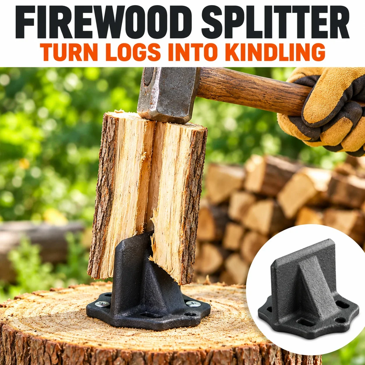 Manual Firewood Kindling Splitter, Steel Wood Splitting Tool with 2 Screws & 2 Washers for Fireplace Wood Stove Outdoor Camping