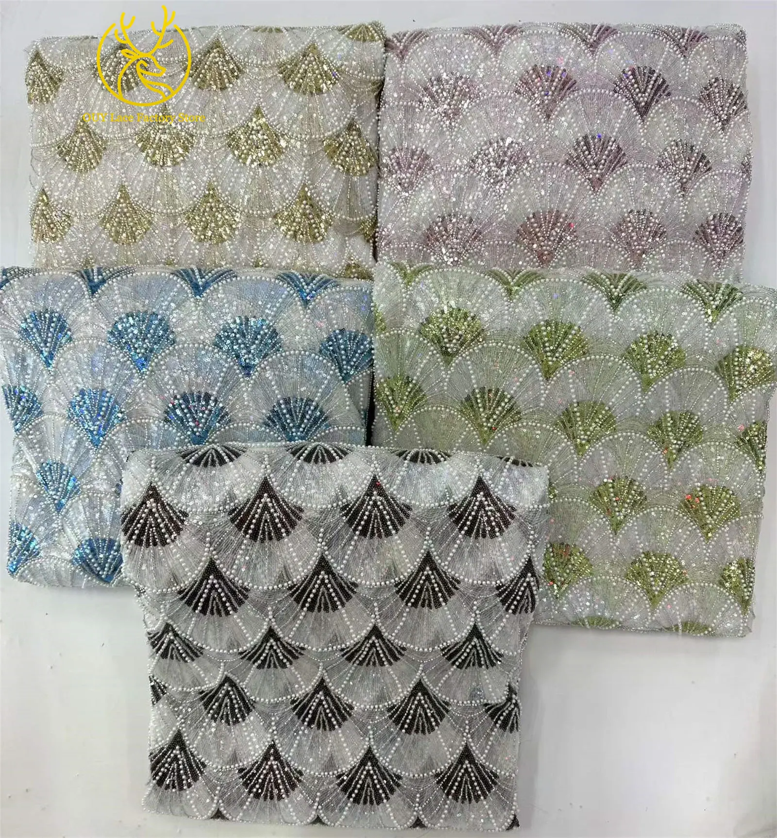 5 Yards Afrikanischer Pailletten-Perlen-Spitzenstoff Hochwertiger Französischer Tüll-Spitzenstoff Nigerianischer Spitzenstoff für Partykleider und Näharbeiten – Detail 3