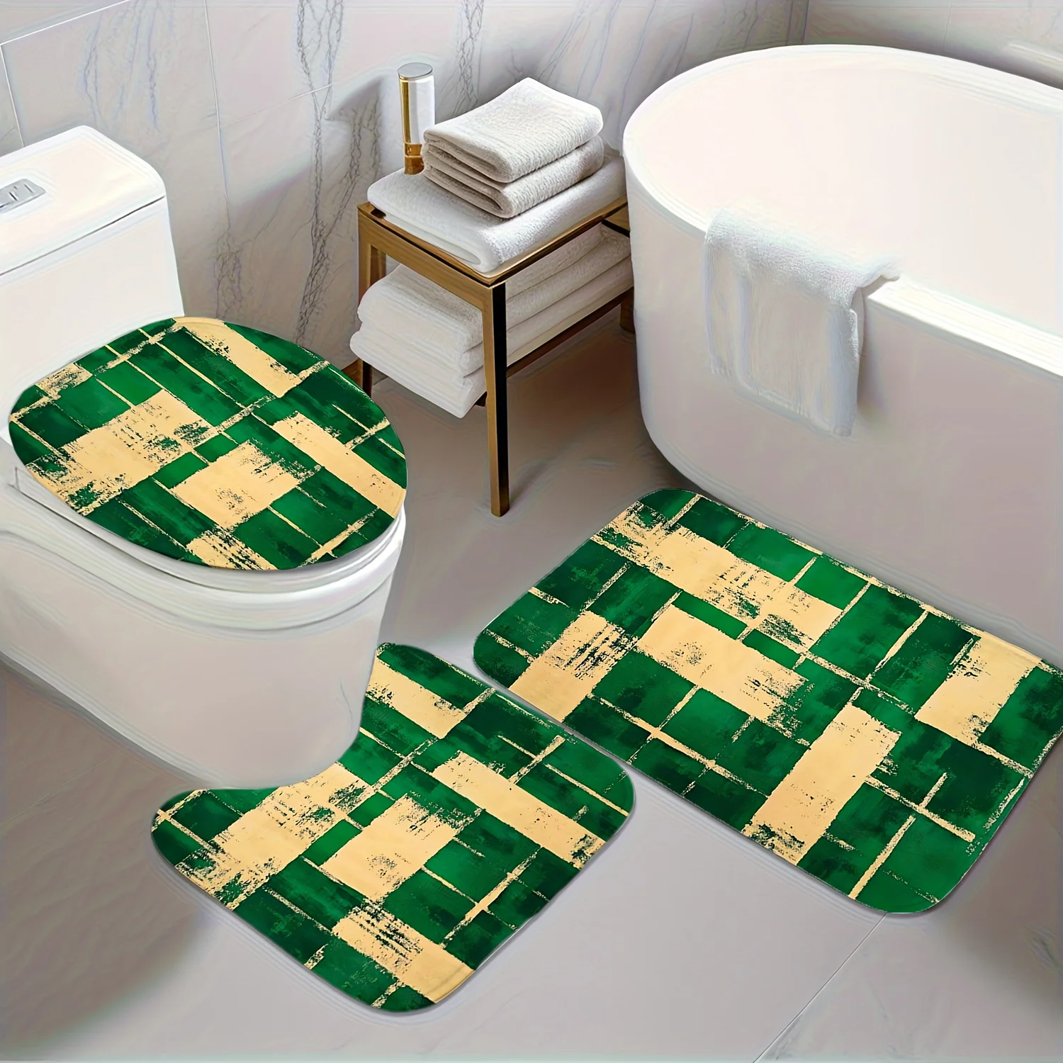 

Green Yellow Patchwork 3pc Bath Set – Geometric Design, Toilet Cover, U Mat & Floor Rug, Stylish Non-Slip Bathroom Decor