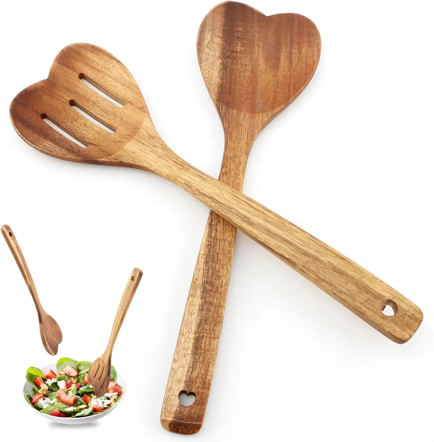 2pcs wood Heart Shaped Spoon for Cooking Wooden Cook with Love Spoon Kitchen Utensils, Valentines Mother's Day Gifts