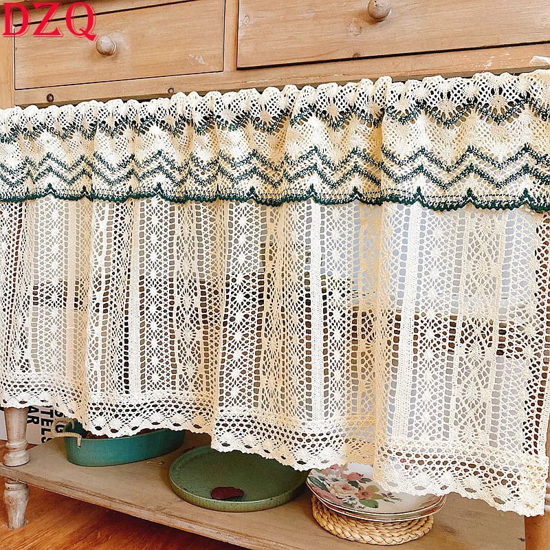 

American Country Crocheted Hollow Short Curtains for Kitchen Manual Geometry Half Curtains for Living Room Cabinet Curtain #A175