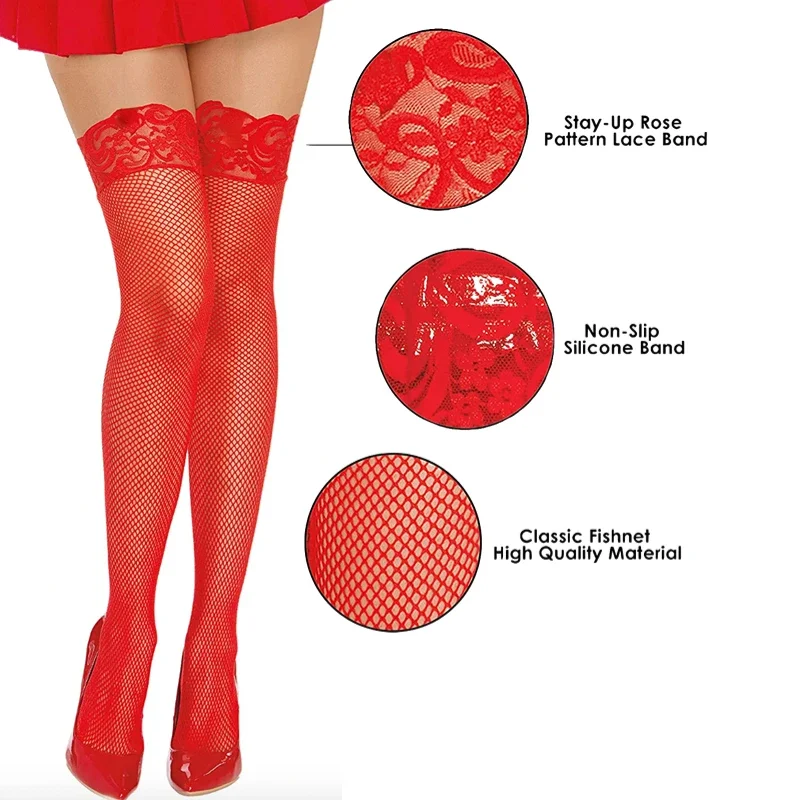 

Wedding Bride Red Stockings Non-slip Silicone Stay Up Lace Top Thigh High Long Socks Fishnet Hosiery for Women Underwear