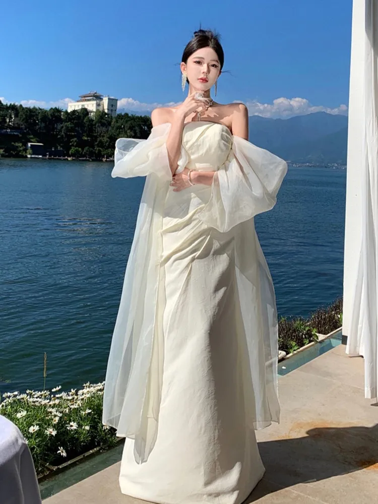 Elegant Solid Formal Ocassion Dresses Summer Chic Backless Wedding Party Vestidos Female Fashion Straps Slim Robe 2024 New