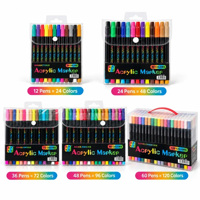 Dual Color Acrylic Paint Markers 24/48/72/96/120 Colors Double Ended Fine Tip Pens for DIY Crafts Painting Drawing Art Supplies