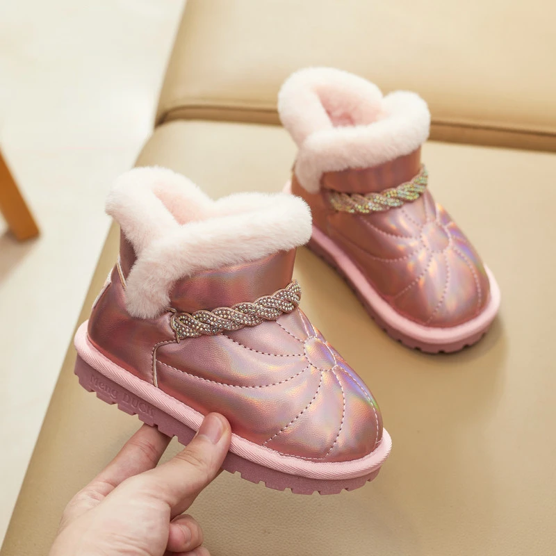 Children Snow Boots 2023 Winter New Waterproof Non-slip Girls Short Boots Rhinestones Sewing Versatile Warm Boys Kids Boots PU