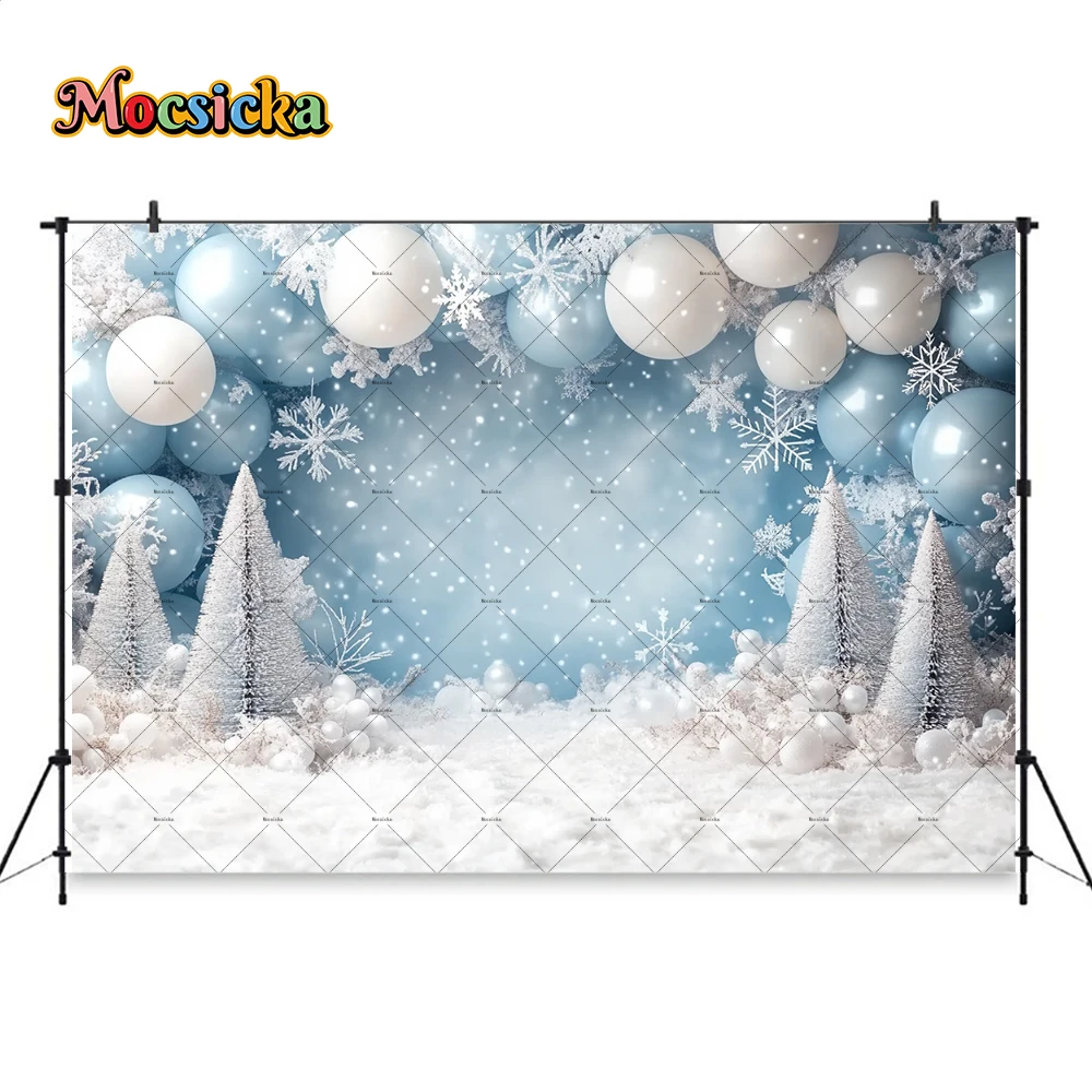 Winter Baby Birthday Photography Background Blue Balloon White Snowflake Xmas Tree Frozen Wonderland Backdrop Newborn Baby Photo