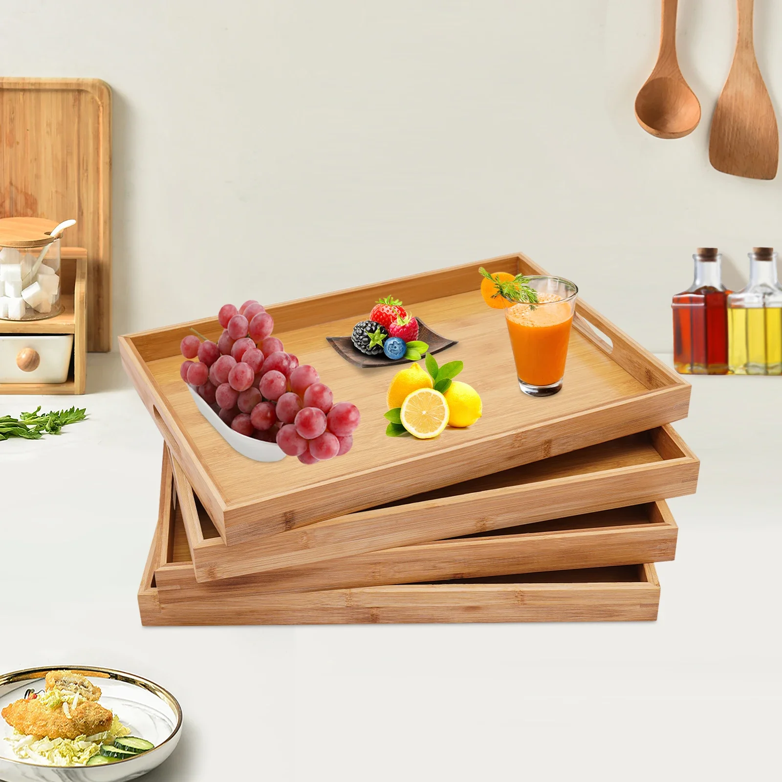 

4 Large Bamboo Plates with Handles, Rectangular Wooden Breakfast Plates, Decorative Coffee and Tea Plates