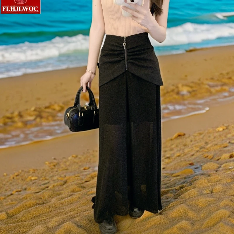 

Long Maxi Skirts New Fashion Woman FLHJLWOC Design Autumn Retro Vintage Patchwork Black Sheer Mesh Draped Zipper Skirts