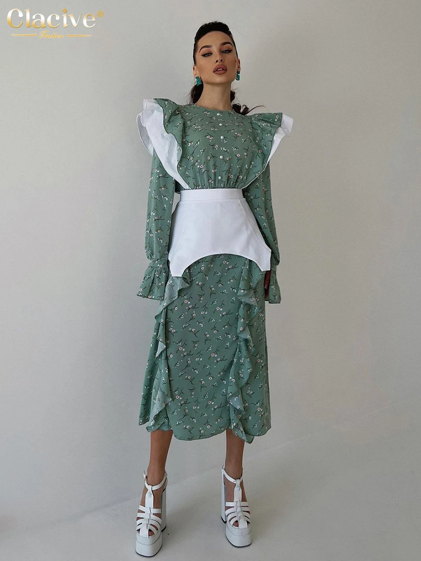 Clacive elegancka luźna, Slim sukienka damska 2023 Casual O-Neck z długim rękawem biurowa, o średniej długości sukienki moda wzburzyć Patchwork damska sukienka
