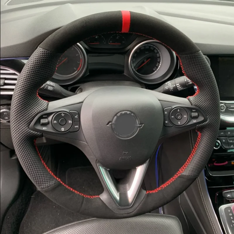 Customize Black Suede Car Steering Wheel Cover For Opel Astra(K) Corsa(E) Crossland X Grandland X Leather Steering Wraps