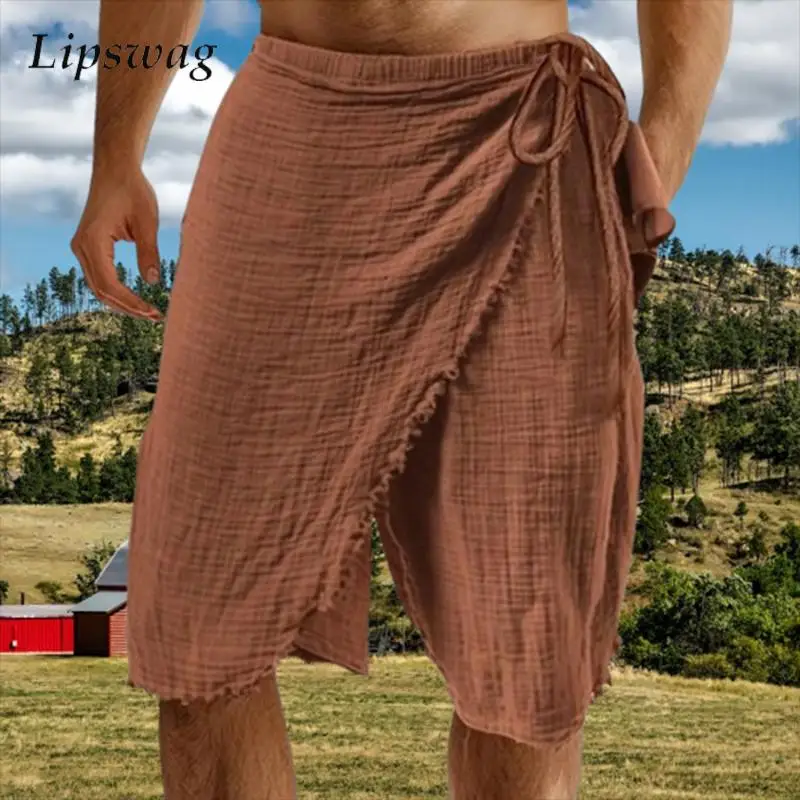 

Мужские льняные шорты для отдыха в богемном стиле, винтажные свободные шорты нестандартной формы на шнуровке для мужчин, повседневные повседневные короткие брюки