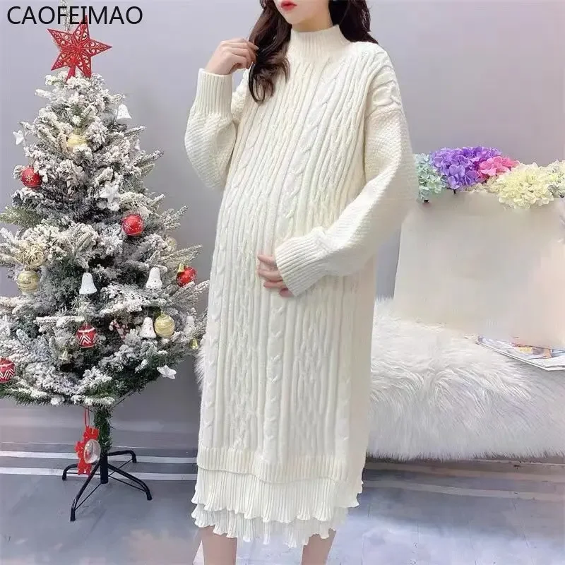2025 Caofeimao Pregnant Women Spring Dress Fashion Lazy Autumn Knitted Temperament White Long Skirt Autumn and Winter Models