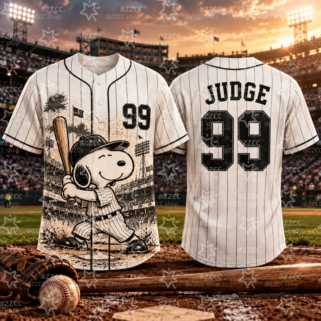 26-27 Snoopy JUDGE #99 Baseball Jersey Button Down Short Sleeve Shirt Sport Fan Game Day Jersey Men's T-Shirt Kid's Clothing  ﻿