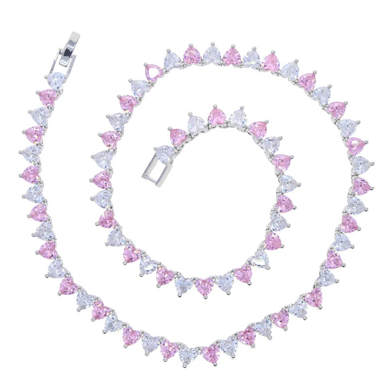 Wholesale 5A Heart Shaped Iced Out Bling Pink White CZ Tennis Chain Necklace for Women Girlfriend Valentine\'s Fashion Jewelry