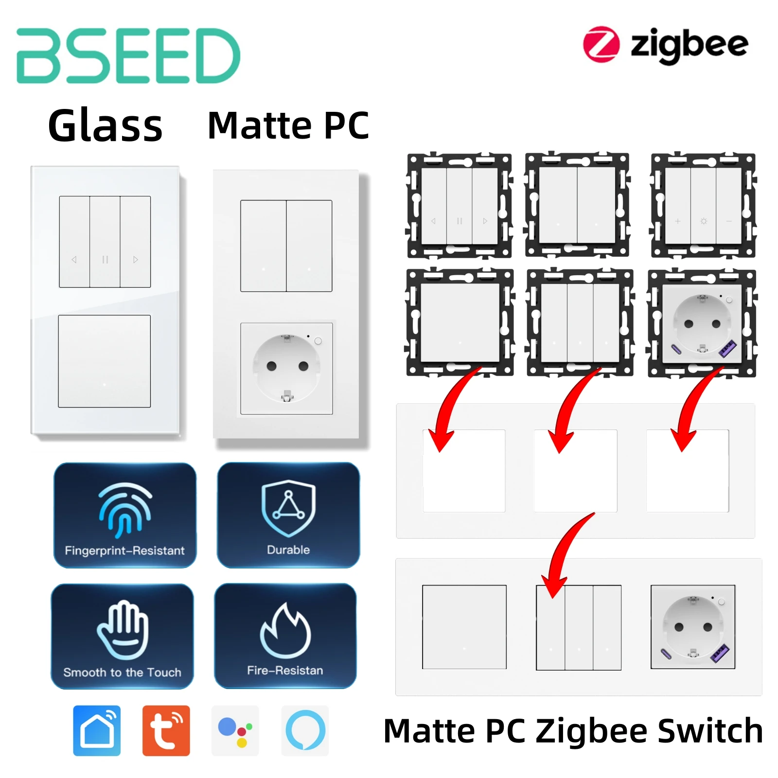 BSEED Zigbee 1/2/3/4-fach Smart-Lichtschalter für Vorhänge und Jalousien, Dimmer-Schalter mit mechanischen Tasten, Steckdosen, USB-C, DIY-Teile, Kunststoffrahmen