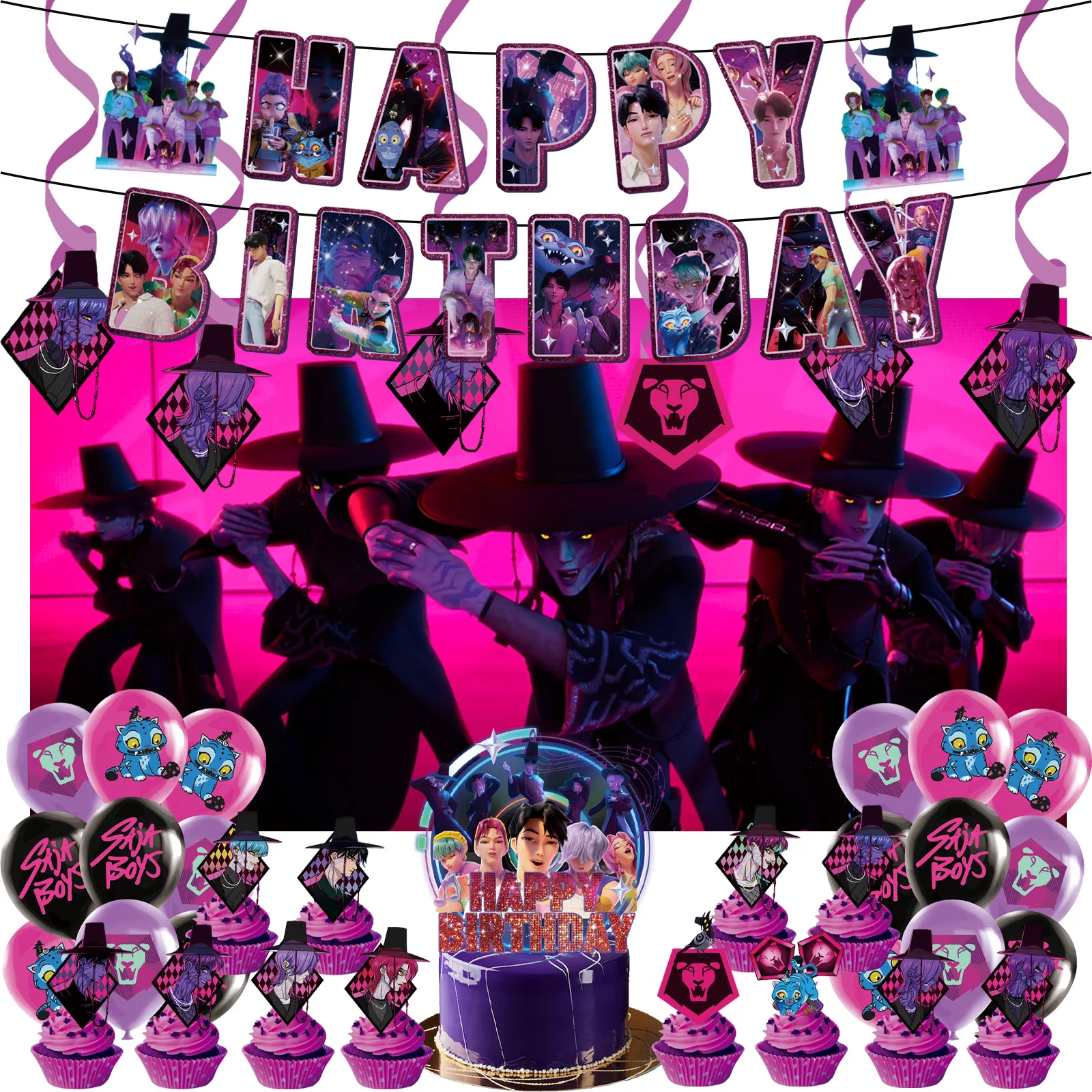 Your Idol Saja Boys KPop شيطان الصيادين عيد ميلاد الديكور خلفية كعكة توبر بالونات لحفلة عيد ميلاد تفضل كابينة تصوير #1