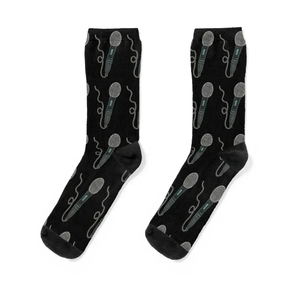 

Mic Hand Drawn Black Background Pop Music Vintage Retro Microphone Socks designer luxe Luxury Woman Socks Men's