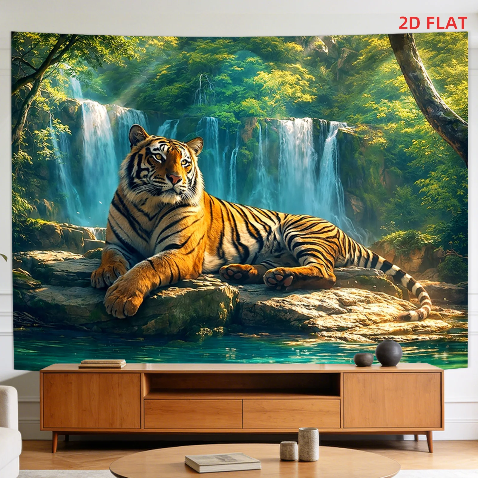 Tapisserie murale cascade de tigres, tigre majestueux au repos près de cascades en chute dans la jungle, décoration murale naturelle pour fond de dortoir