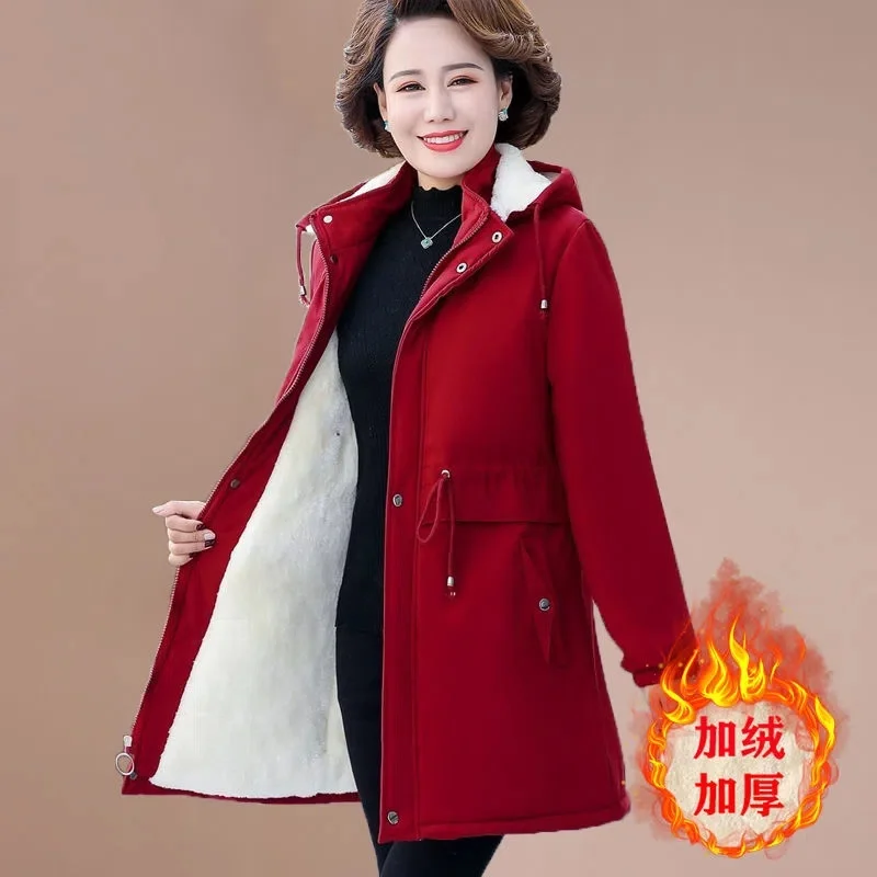 New Women Winter Coat Thick Velvet Cotton Padded Jacket Warm Snow Hooded Parkas Female Overcoat Mother Clothes Outerwear 5XL