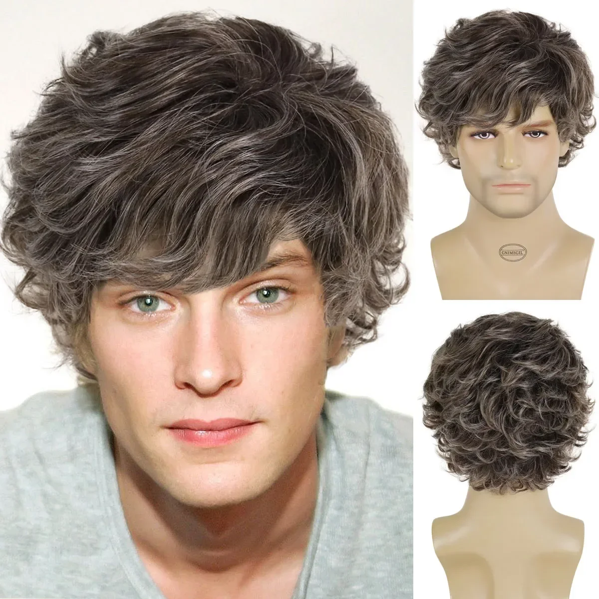 

GNIMEGIL Synthetic Hair Natural Short Haircut Perm Curly Wigs for Men Brown Mix White Wig with Bangs Gift for Father Old Man Wig