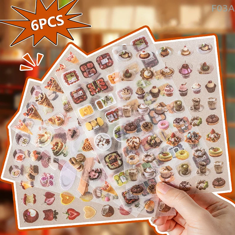 6PCS Cute Cake Snacks Theme Waterproof Stickers Ancient Style Creative Decorative Diary Scrapbook DIY Material Adhesive Decals