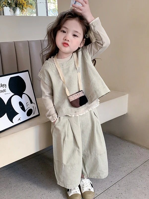 

Spring Collection Girls Outfit Long Sve Base irt Vest Wide Leg Pants Tee Piece Set High Waist Trousers Pure Color