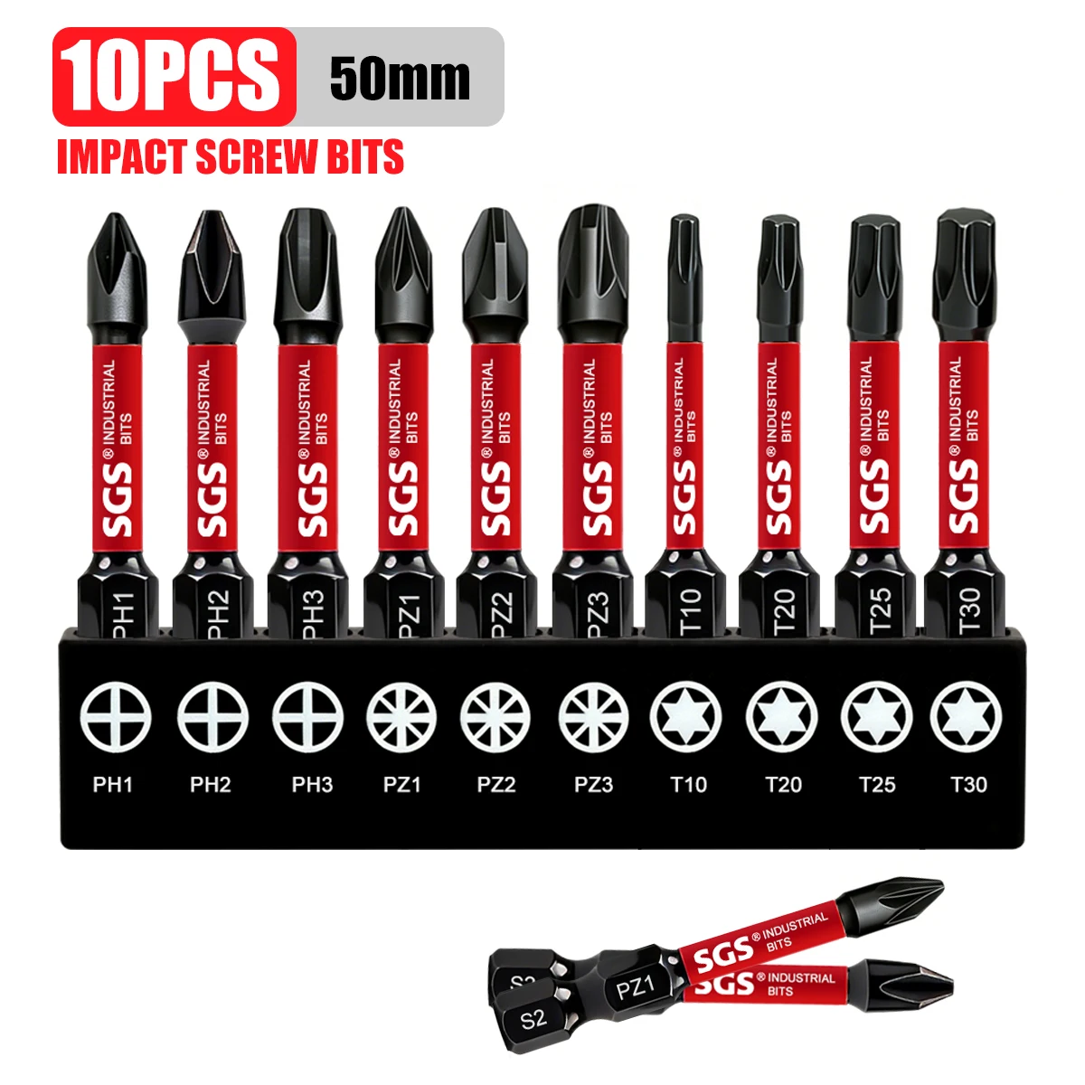 10-Piece Set of Durable Mixed Screwdriver Bits, 50mm, Industrial Grade, One Set Covers Phillips / Torx / Star Screw Repair, Meeting the Needs of Fastening and Disassembly in Multiple Scenarios