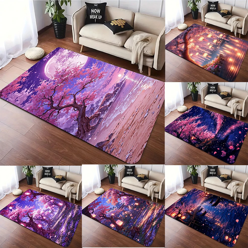 Japanese Cherry Blossom Night Scene Carpet Various Styles With Moon Lantern River Floral Patterns Rug For Living Room Decor