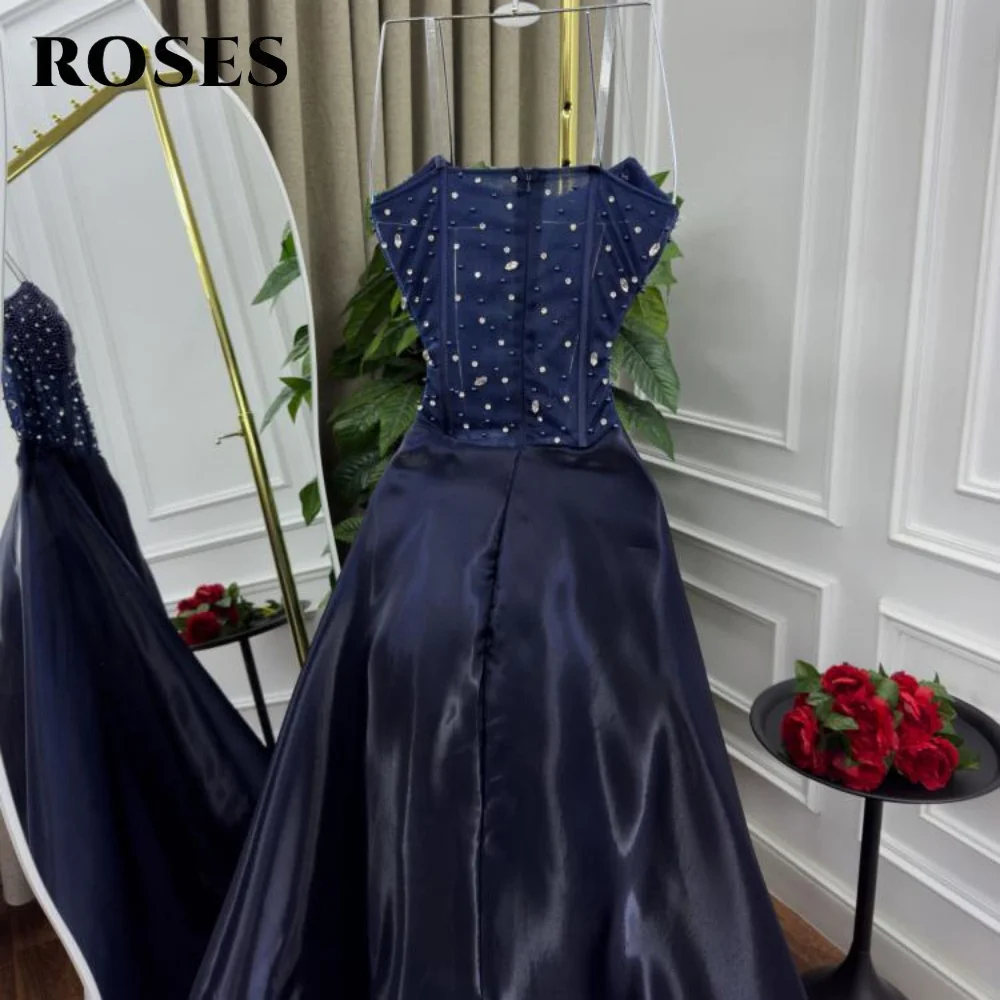 Rosas azul marinho vestido de festa com pregas a linha sem mangas vestido de noite glitter querida vestido de celebridade para mulher personalizado