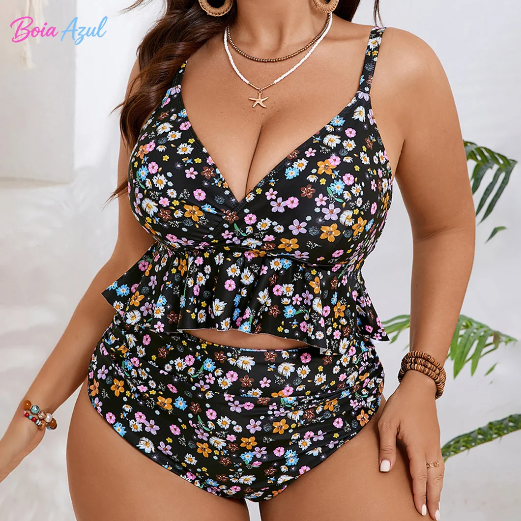 Big-size small floral two-piece bikini swimsuit V-neck lace-edged high-waisted separate women's swimsuit