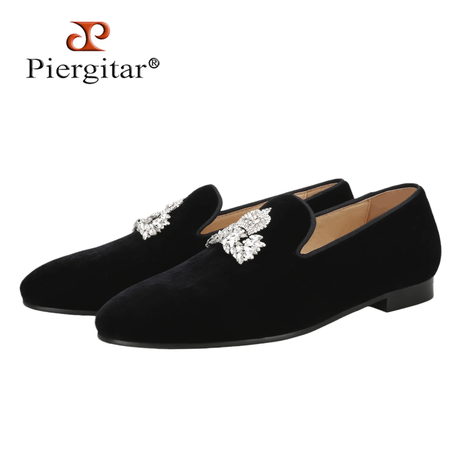 Piergitar Luxury Style Black Velvet Handmade Belgian Loafers Customized Crown Rhinestones Buckle Men's Shoes For Formal Attire
