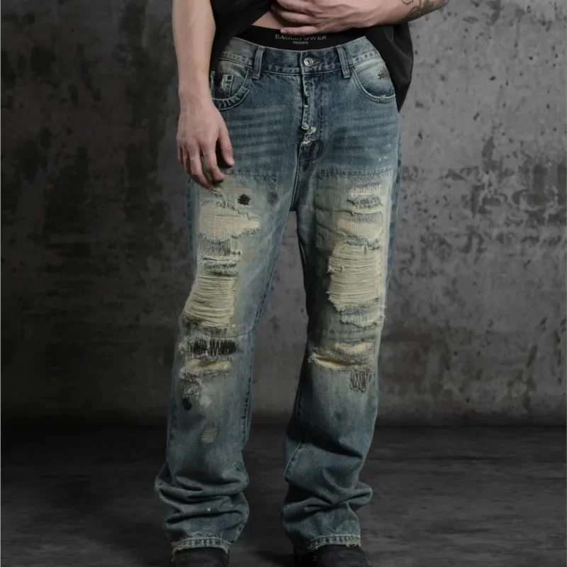 High Street American-Style Distressed Dirty Washed Ripped Embroidered Jeans Men's Trousers