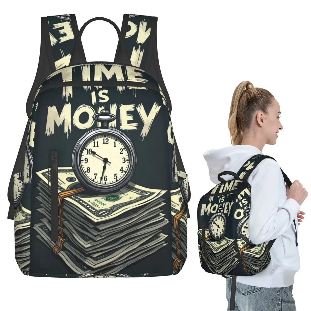 Time Is Money Clock And Currency Backpack Student BookBag Children School Bag Computer Shoulder Bags Boys Girls