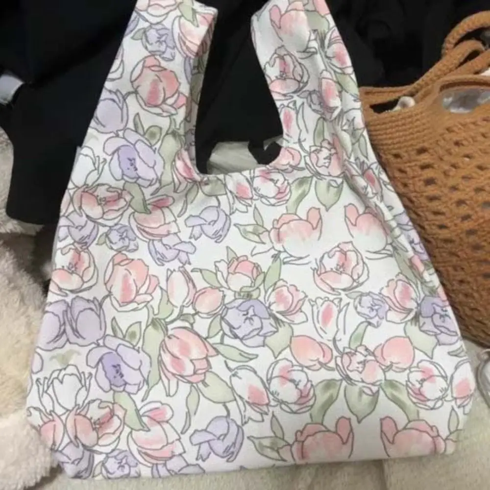 Bolsa de pulso impressa portátil para mulheres, estilo floral coreano, bolsa para primavera, grande capacidade, bolsa pequena para meninas