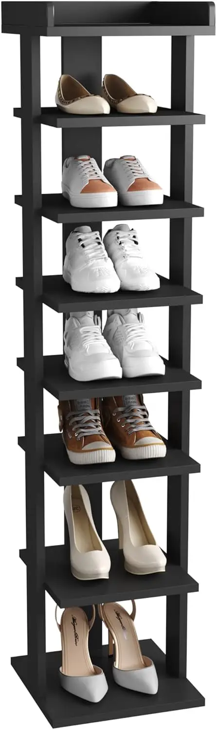 

NEW 7-Tier Wood Shoe Rack, Entryway Shoe Tower,Vertical Shoe Organizer, Wooden Storage Stand(Black) USA