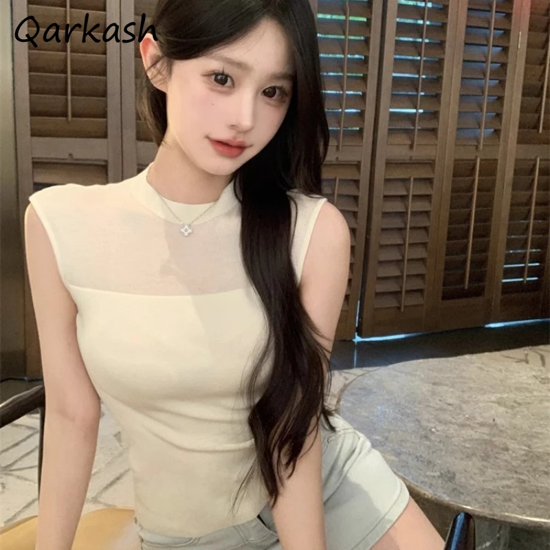 

Sleeveless Tanks Women Simple Sexy Shopper Mesh Summer Designer Basic Streetwear Korean Style Slim Young Trendy Patchwork Cozy