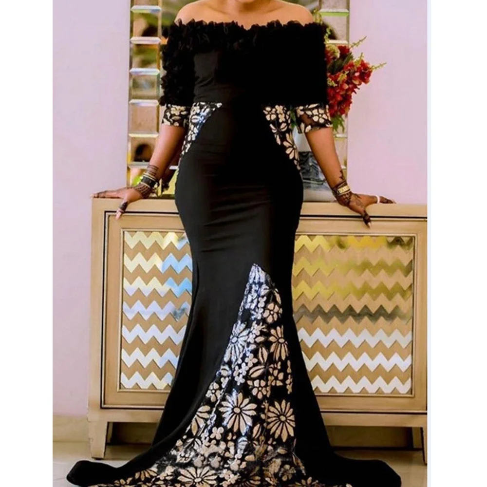 Lugentolo Party Dress Women Elegant Fashion Print Half Sleeve Off The Shoulder Sheath Lace Stitching Fall Maxi Clothing