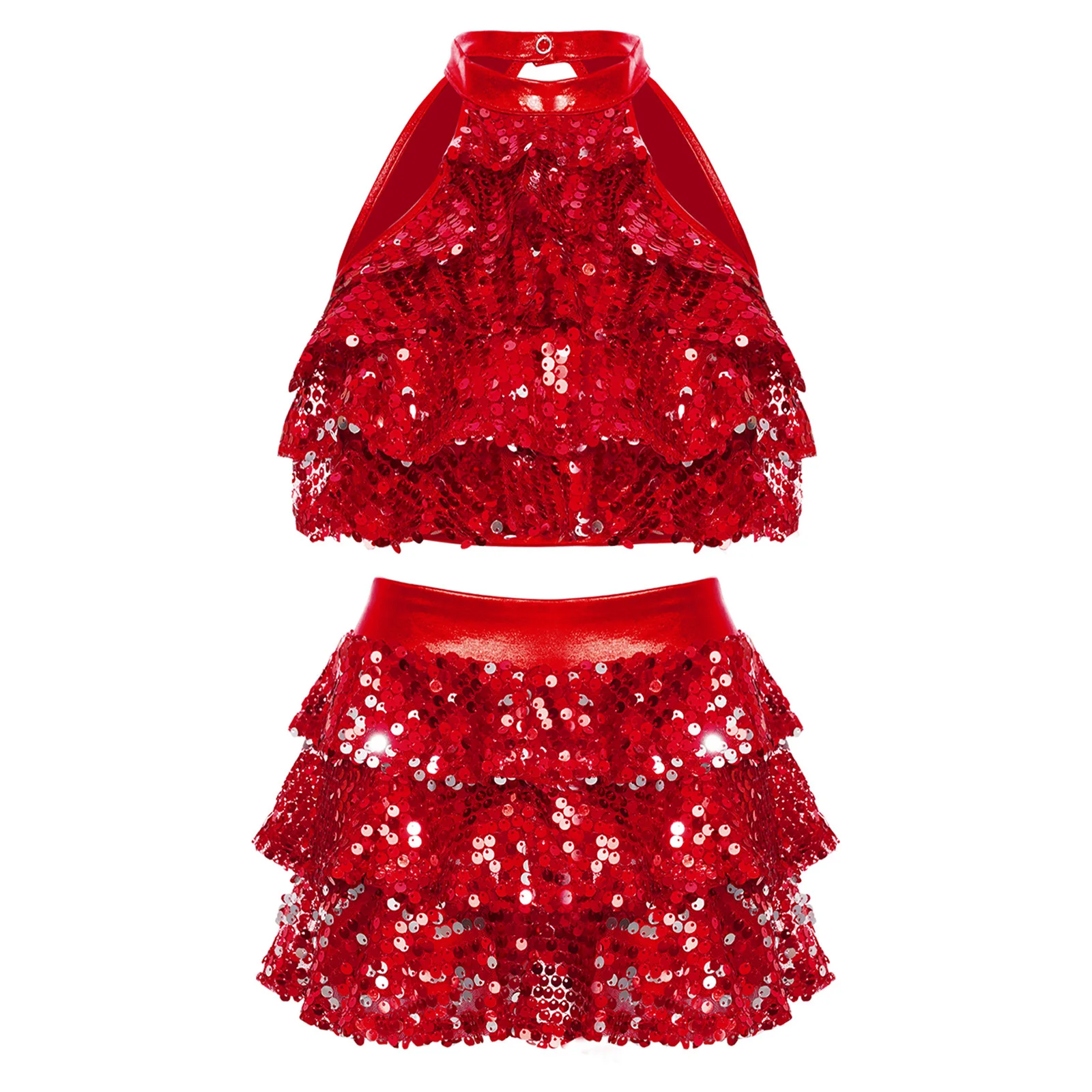 Child Girls Shiny Sequin Clothes Set Tiered Crop Top with Culottes Carnival Theme Party Jazz Dance Stage Performance Costume