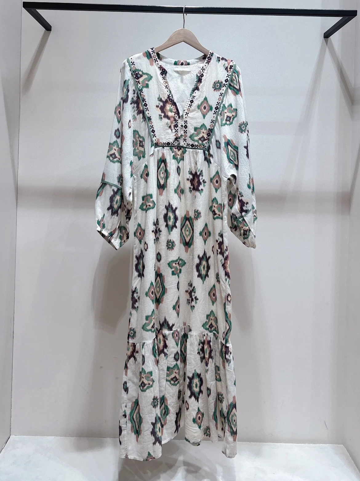 

Heidd BA2026 Spring Summer Vacation Style Abstract Print V-Neck High Waist Long Dress Polyester Fiber Standard Sleeve H-Style