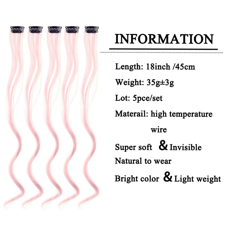 Set de 5 piezas de extensiones de cabello con clip de 18 pulgadas, rizadas, sintéticas, con mechones de colores para mujer 3