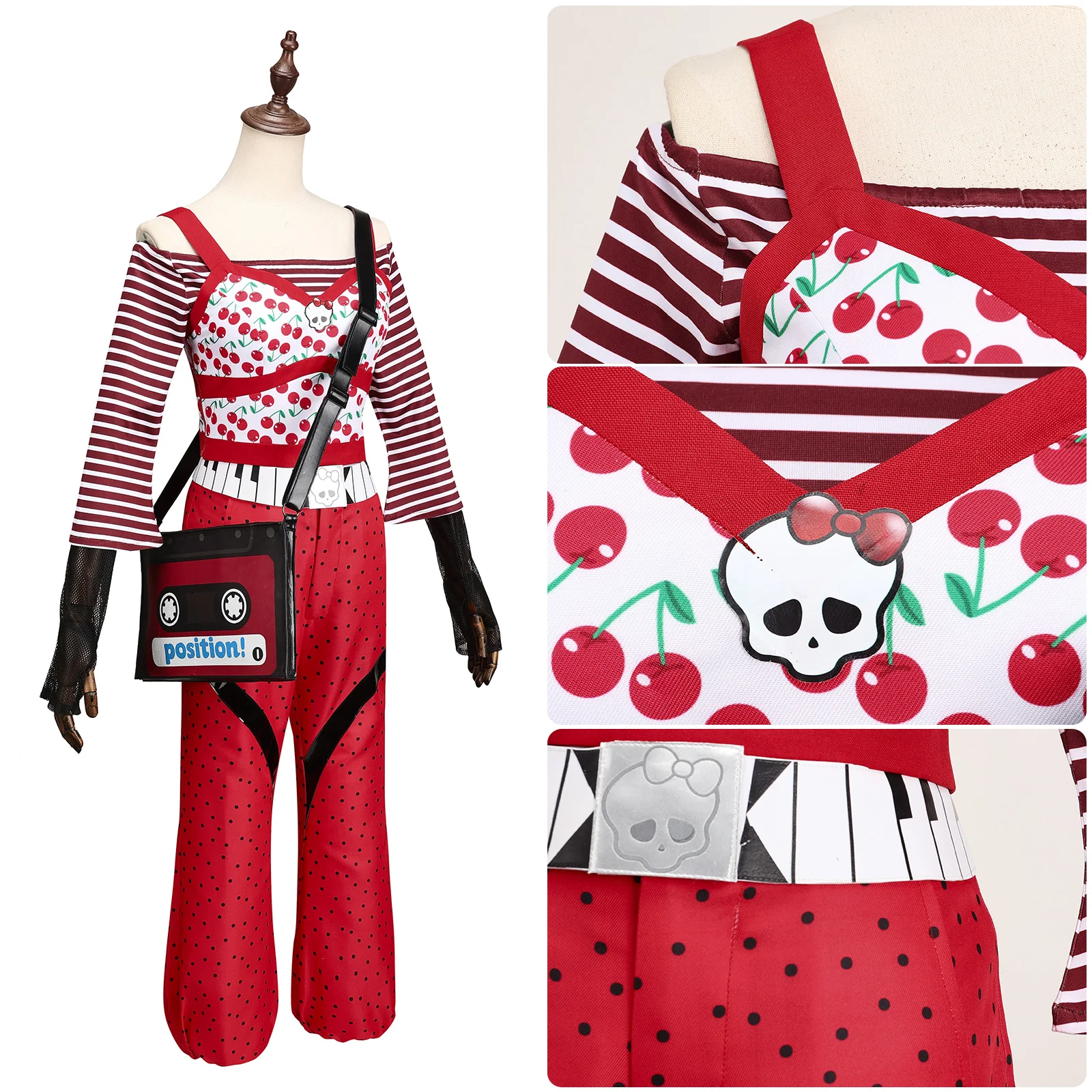 movie-zombie-girl-cherry-print-camisole-work-pants-set-with-bag-halloween-carnival-set-anime-women-red-uniform-cosplay-costume